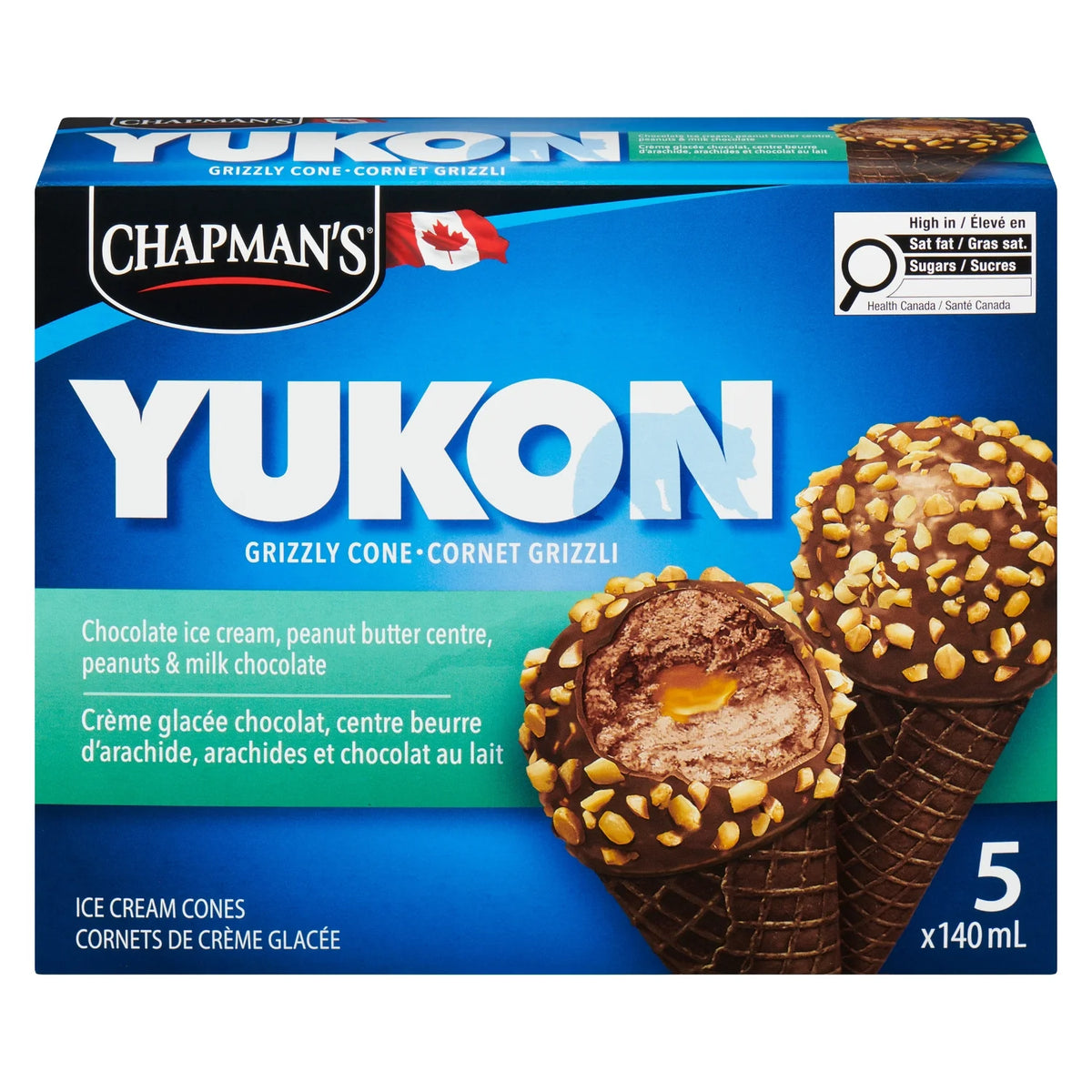 Chapman's Yukon Grizzly Chocolate, Peanut Butter & Peanuts Ice Cream Cones, 5 × 140 mL