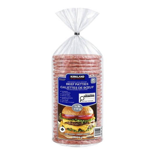 Kirkland Signature Frozen Lean Ground Beef Burger Patties, 24 × 113 g