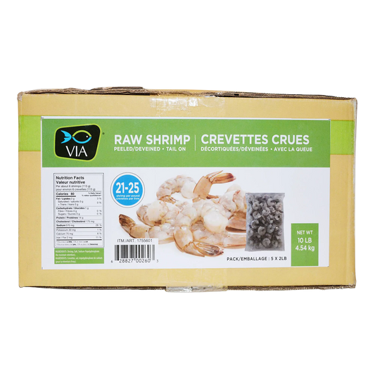 VIA Raw Shrimp, Peeled & Deveined with Tail On, 21/25 Count, 5 × 0.9 kg