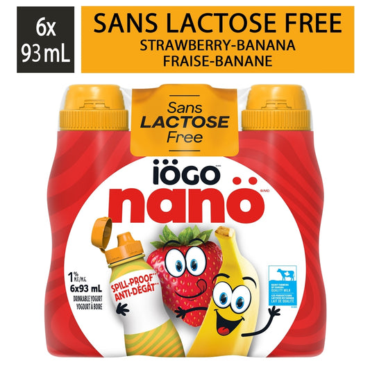 iÖGO nanö Strawberry-Banana Drinkable Yogurt 1% Lactose-Free, 6 × 93 mL