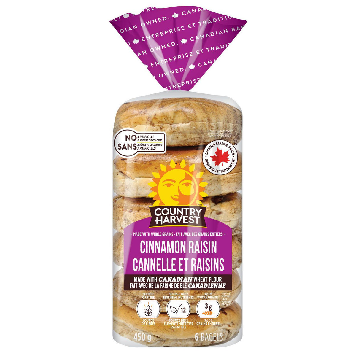 Country Harvest Cinnamon Raisin Bagels, 6 Count, 450 g