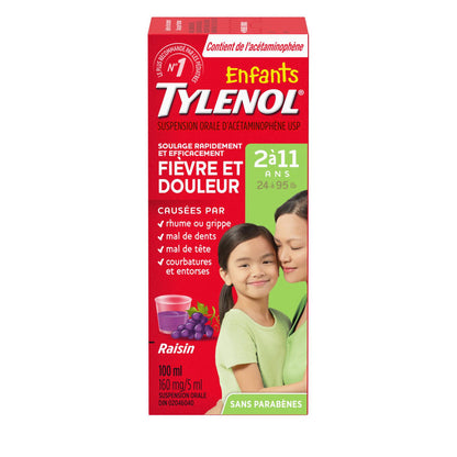 Tylenol Children's Fever & Pain Medicine, Grape Liquid, 100 mL