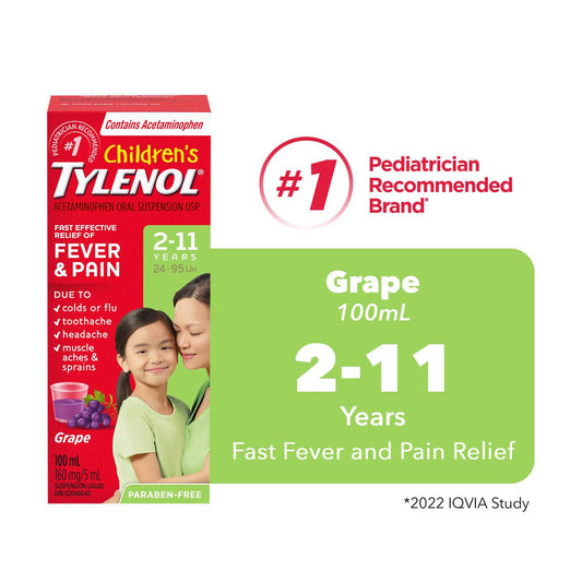 Tylenol Children's Fever & Pain Medicine, Grape Liquid, 100 mL