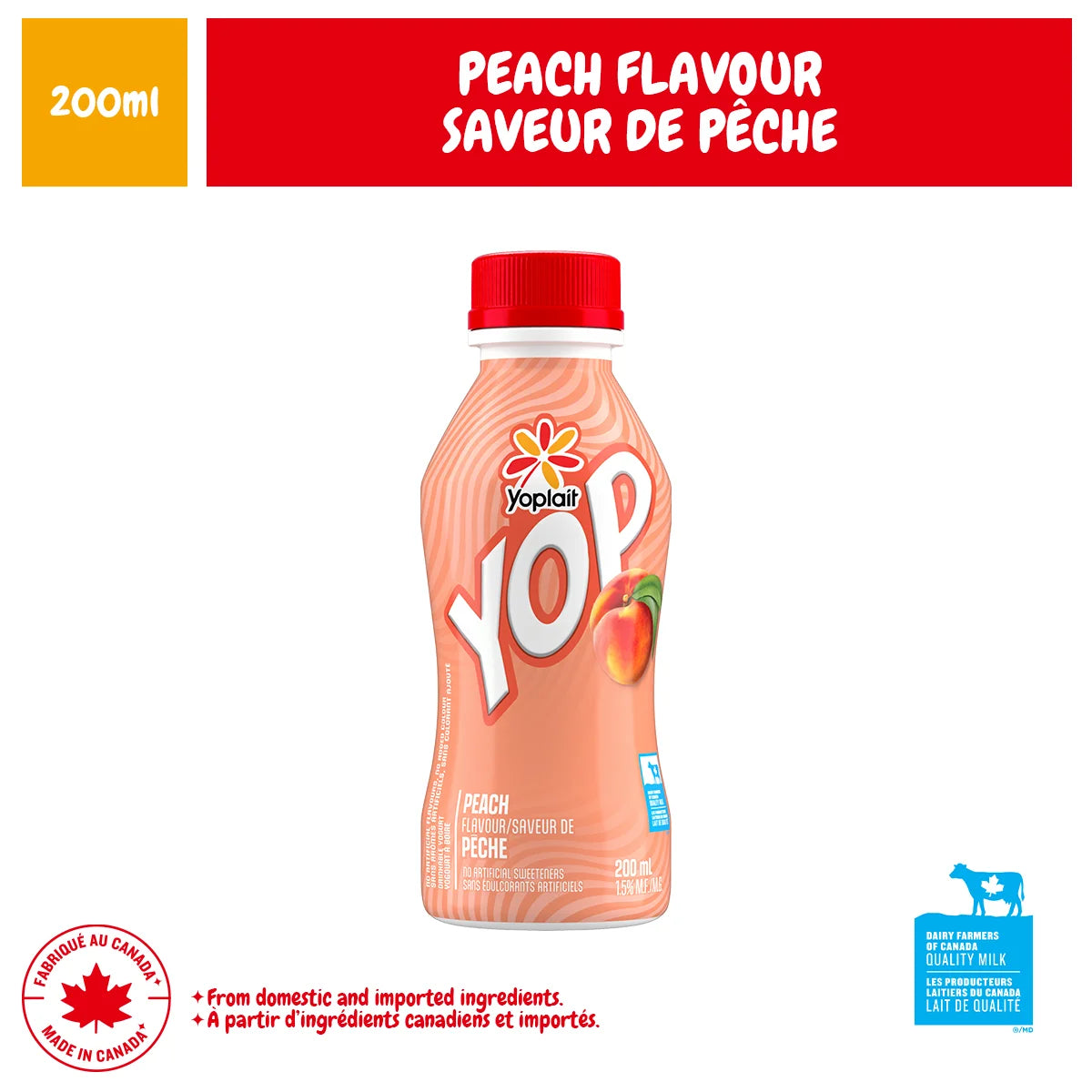 Yoplait Yop 1% Drinkable Yogurt, Peach, 200 mL