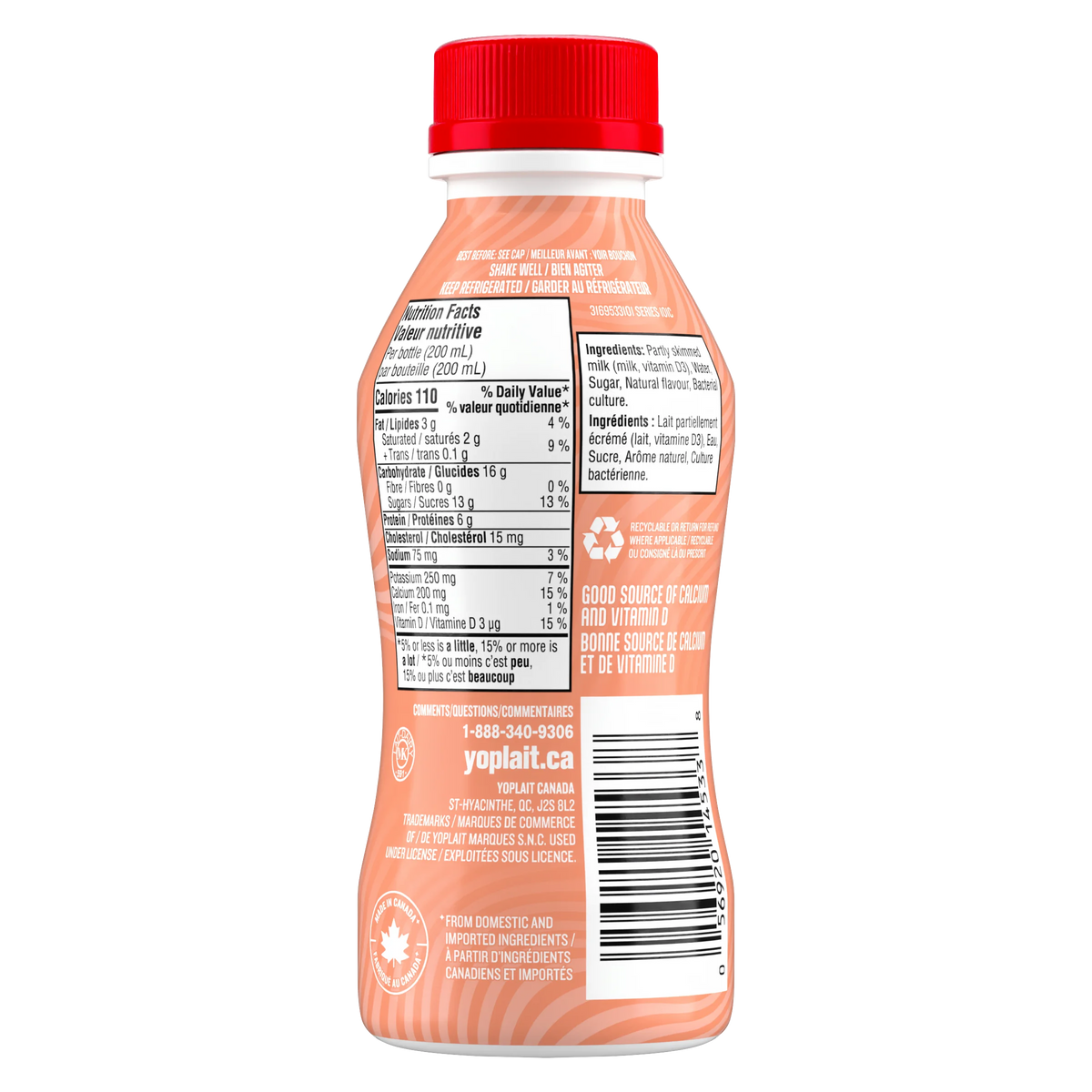 Yoplait Yop 1% Drinkable Yogurt, Peach, 200 mL