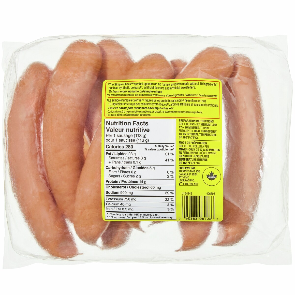 No Name Knackwurst Smoked Pork Sausages, 900 g