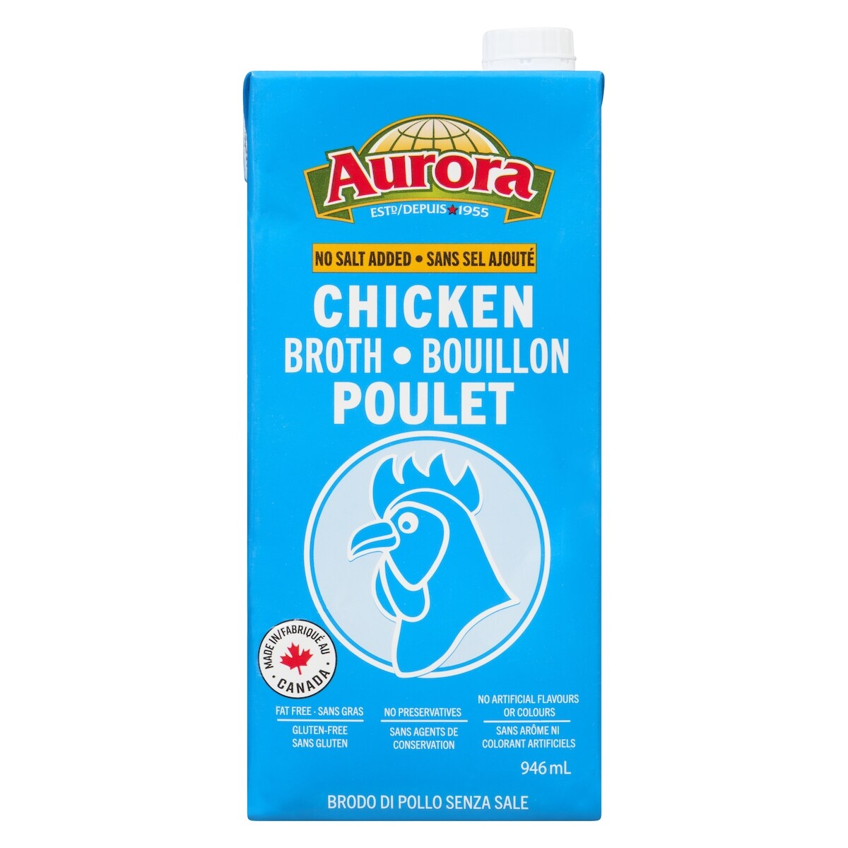 Aurora Chicken Broth No Salt Added, 946 mL