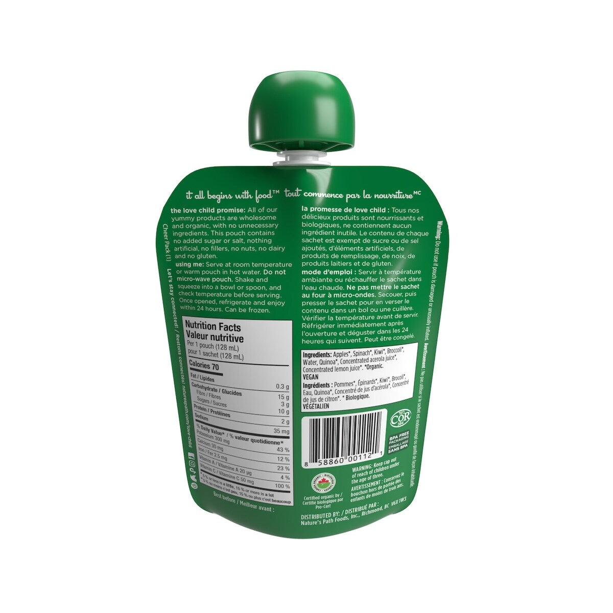 Love Child Organics Organic Apple, Spinach, Kiwi & Broccoli Baby Food Pouch, 128 mL