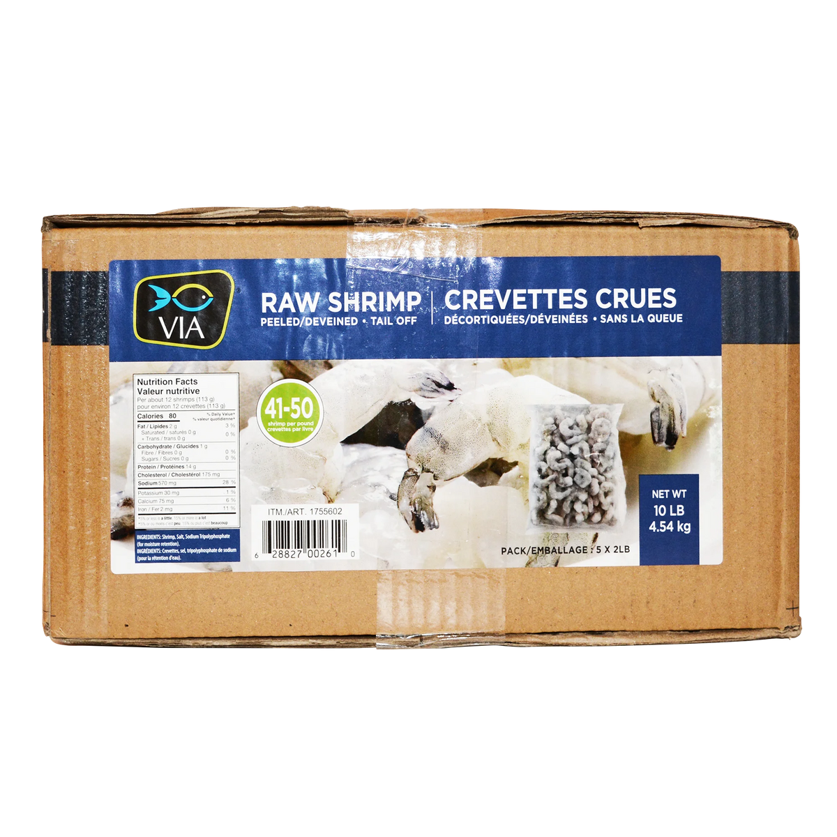 VIA Raw Shrimp 41-50, Peeled & Deveined, Tail Off, 5 × 2 lb bags, 4.54 kg (10.01 lb)