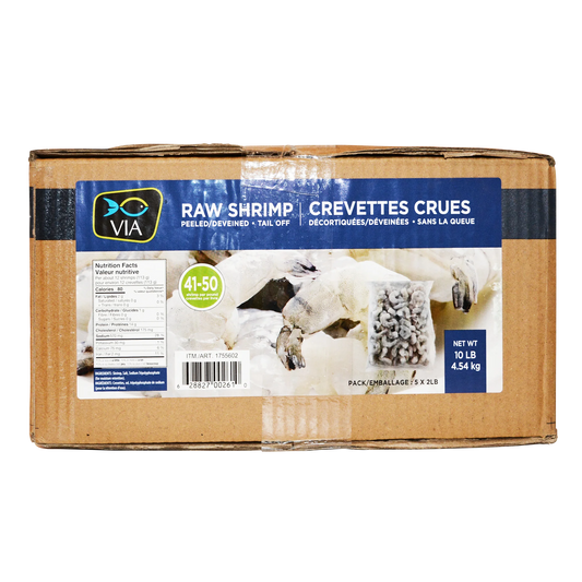 VIA Raw Shrimp 41-50, Peeled & Deveined, Tail Off, 5 × 2 lb bags, 4.54 kg (10.01 lb)