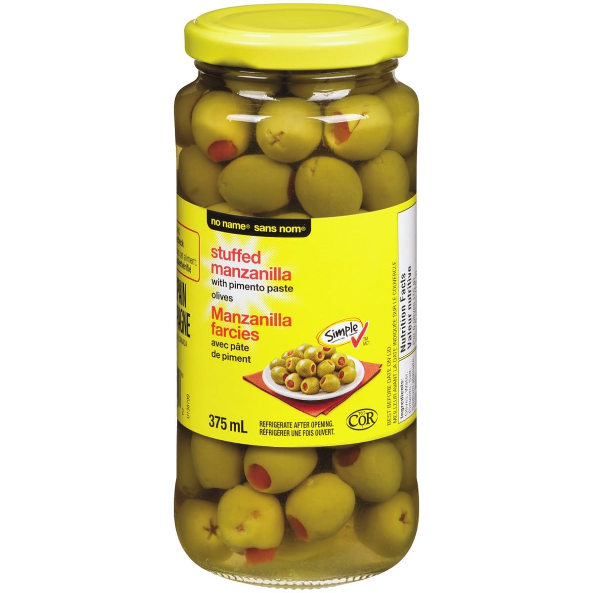No Name Stuffed Manzanilla Olives With Pimento Paste, 375 mL