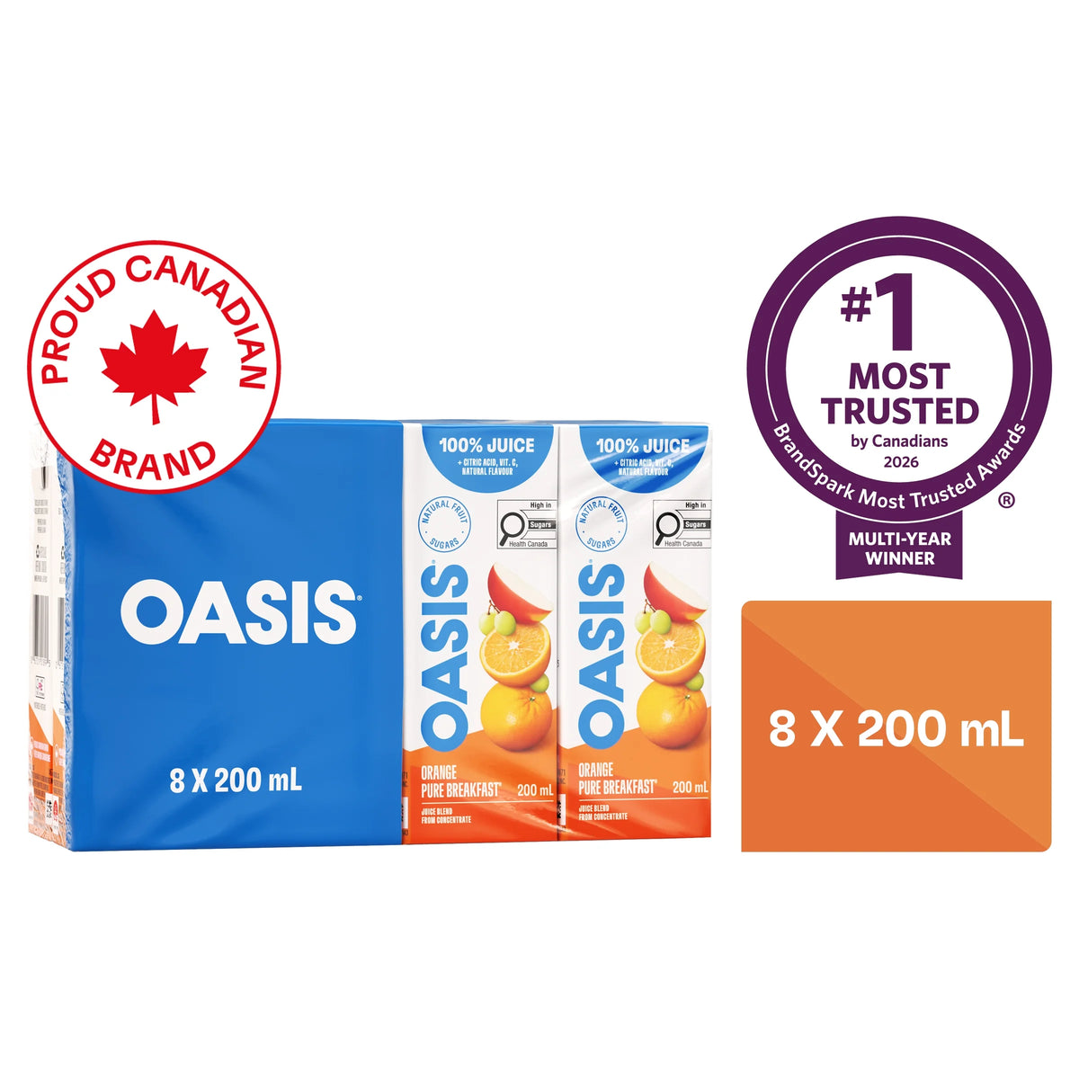 Oasis Pure Breakfast Orange Juice, 8 × 200 mL