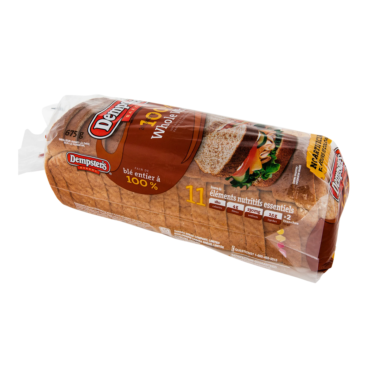 Dempster's 100% Whole Wheat Bread, Sliced, 3 × 675 g