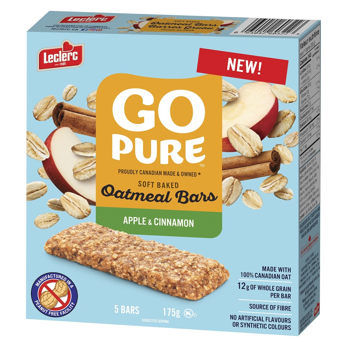 Leclerc Go Pure Apple & Cinnamon Oatmeal Bars, 175 g