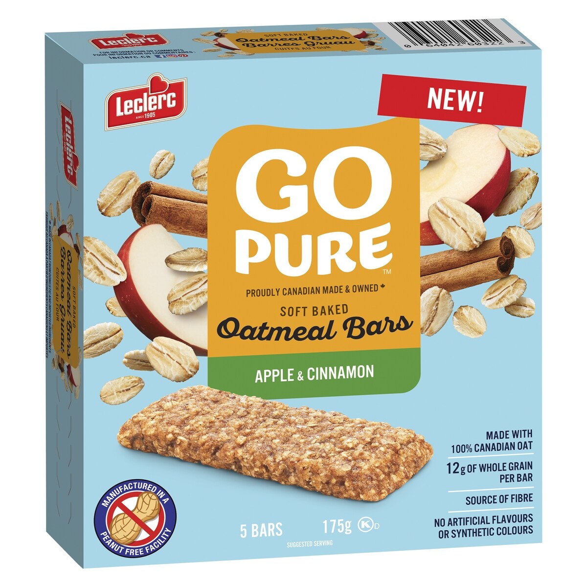 Leclerc Go Pure Apple & Cinnamon Oatmeal Bars, 175 g