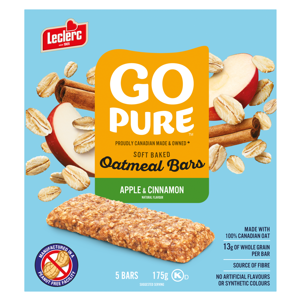 Leclerc Go Pure Apple & Cinnamon Oatmeal Bars, 175 g