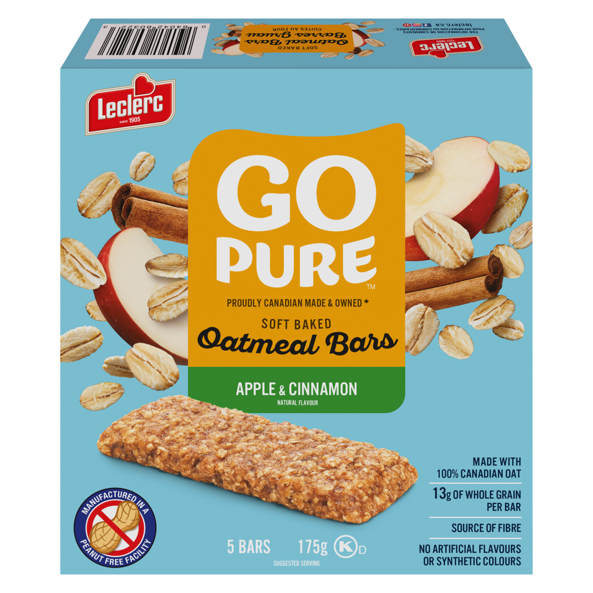 Leclerc Go Pure Apple & Cinnamon Oatmeal Bars, 175 g