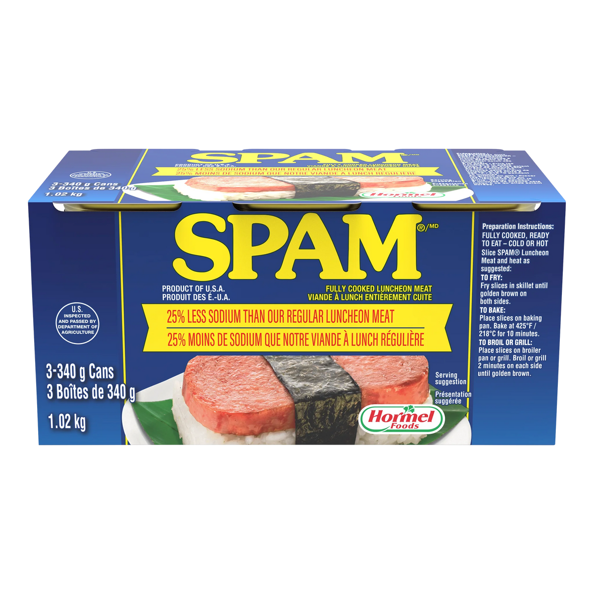 SPAM 25% Less Sodium Luncheon Meat, 3 × 340 g