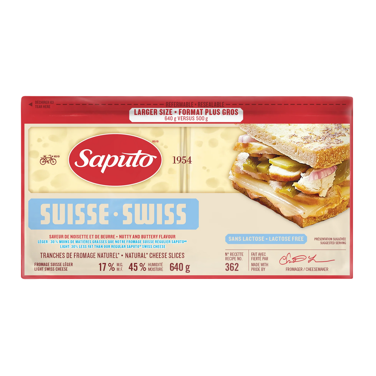 Saputo Light Swiss Cheese Slices, 640 g
