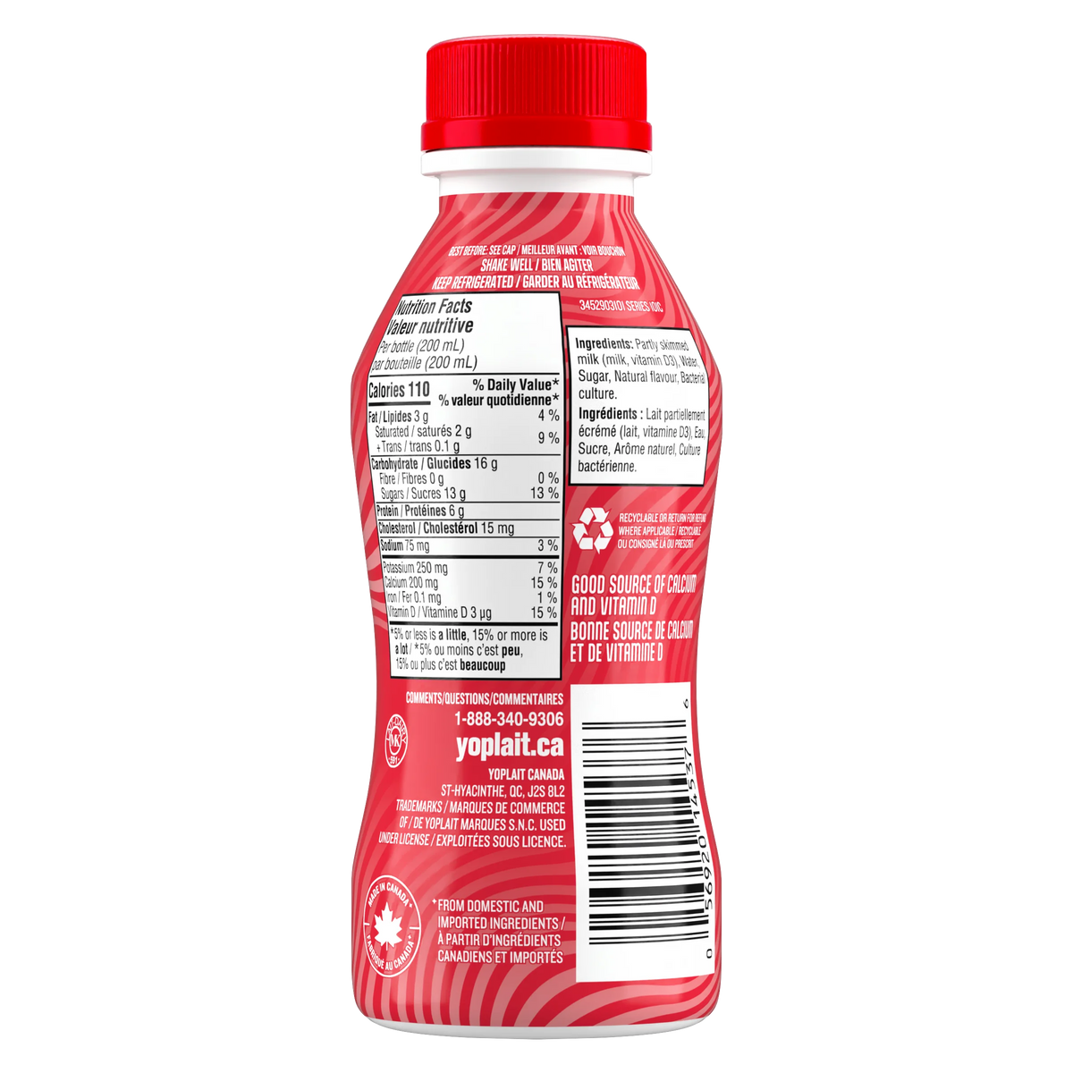 Yoplait Yop 1% Drinkable Yogurt, Strawberry, 200 mL