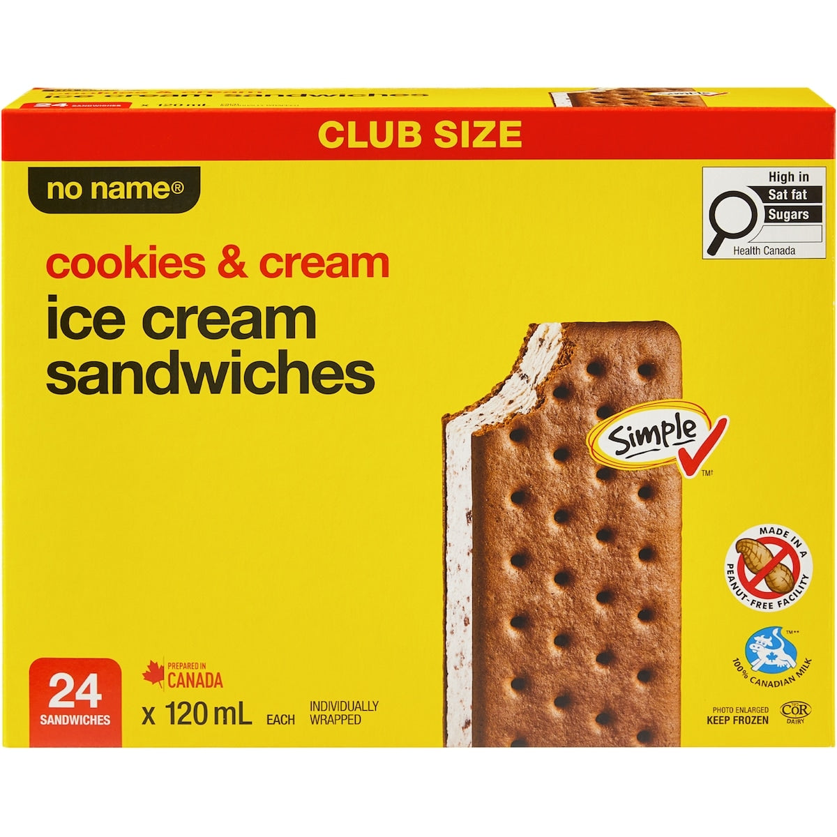No Name Cookies & Cream Ice Cream Sandwiches, 24 × 120 mL