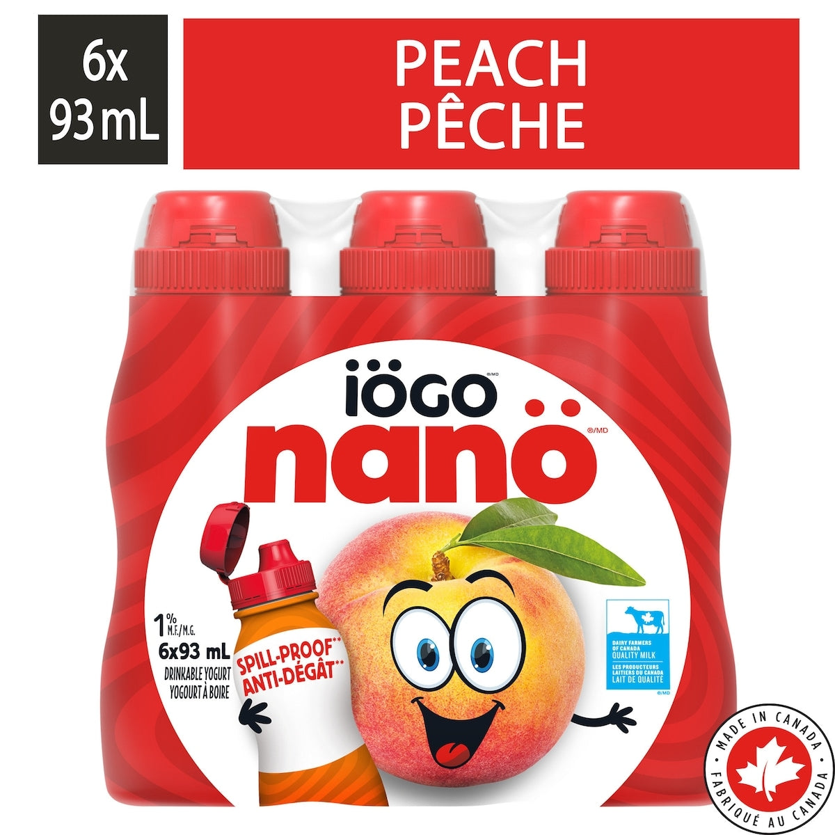 iÖGO nanö Peach Drinkable Yogourt 1%, 6 × 93 mL