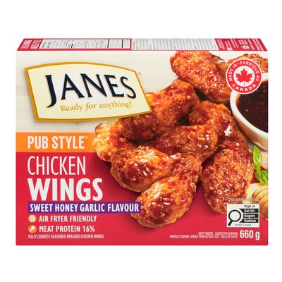 Janes Frozen Chicken Wings with Sweet Honey Garlic Sauce, Pub Style, 660 g