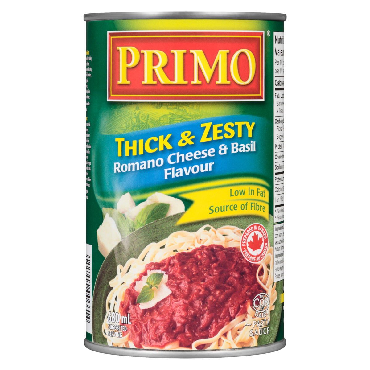Primo Thick & Zesty Romano Cheese & Basil Pasta Sauce, 680 mL