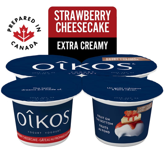 Oikos Extra Creamy Greek Yogurt, Strawberry Cheesecake, 4 × 95 g