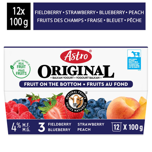 Astro Original Fruit on the Bottom Yogurt Peach/Fieldberry/Strawberry/Blueberry, 12 × 100 g