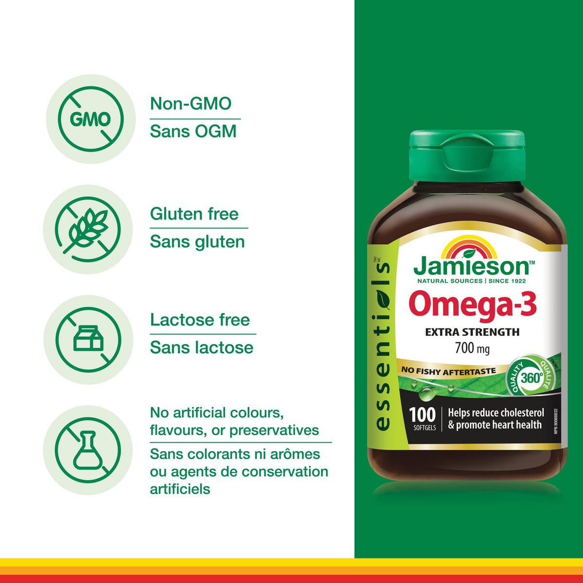 Jamieson No-Fishy-Aftertaste Extra Strength Omega-3 Softgels, 700 mg, 100 Softgels