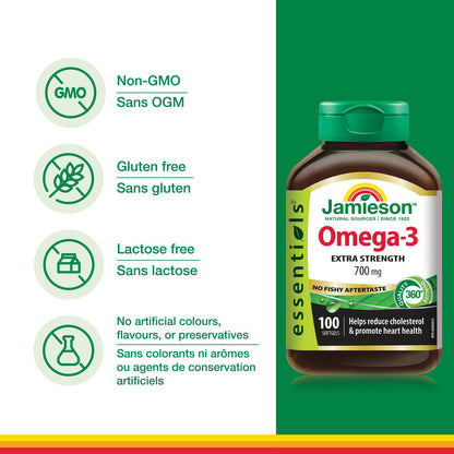 Jamieson No-Fishy-Aftertaste Extra Strength Omega-3 Softgels, 700 mg, 100 Softgels