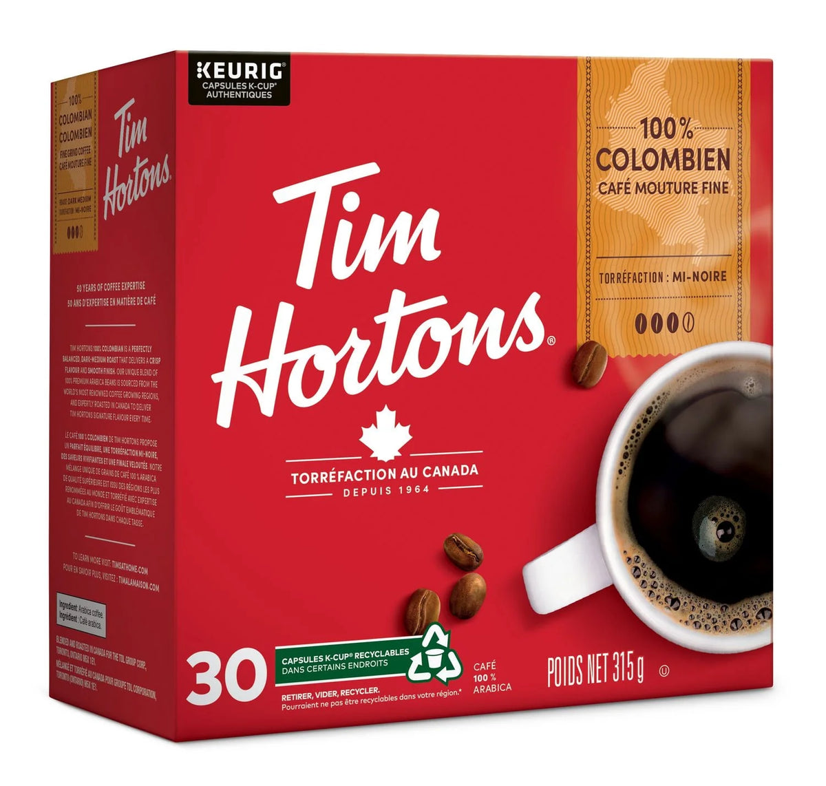 Tim Hortons 100% Colombian Dark-Medium Roast Coffee Pods, 30 Count