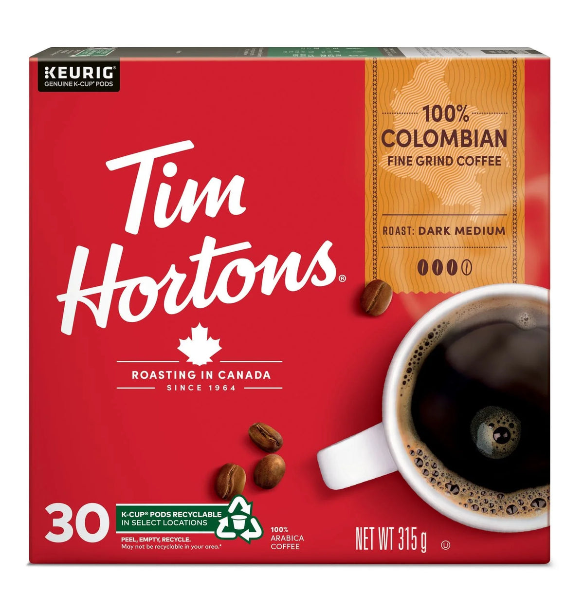 Tim Hortons 100% Colombian Dark-Medium Roast Coffee Pods, 30 Count
