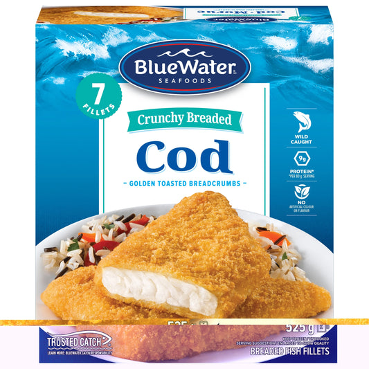 Bluewater Crunchy Breaded Fish Fillets, Wild-Caught Cod, 525 g