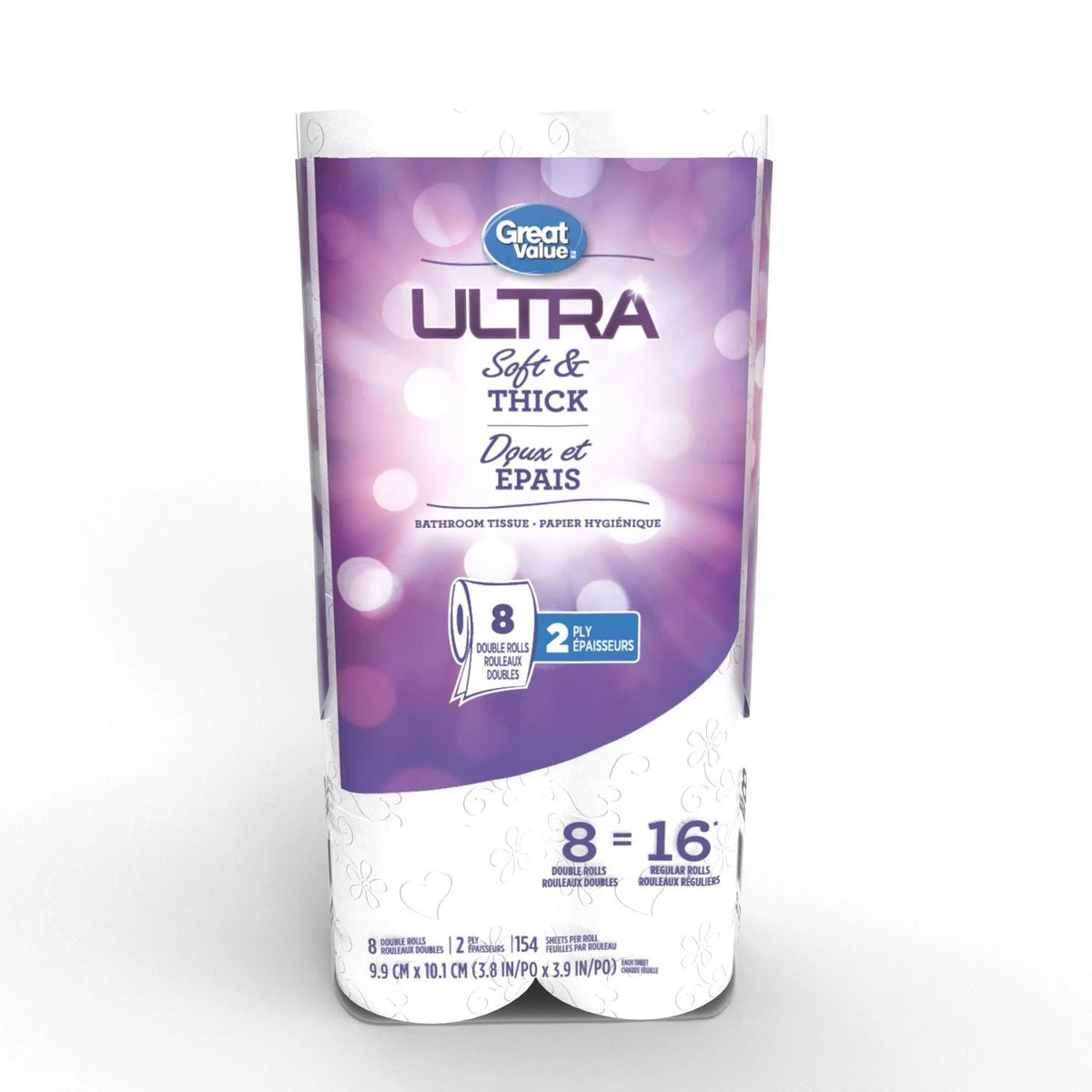 Great Value Ultra Soft and Thick Bathroom Tissue, 8 double rolls