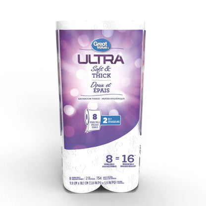 Great Value Ultra Soft and Thick Bathroom Tissue, 8 double rolls