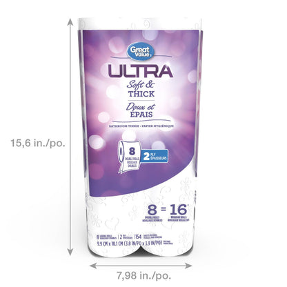 Great Value Ultra Soft and Thick Bathroom Tissue, 8 double rolls