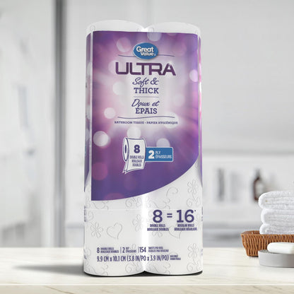 Great Value Ultra Soft and Thick Bathroom Tissue, 8 double rolls