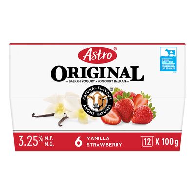 Astro 3.25% Balkan-Style Vanilla and Strawberry Yogurt, 12 × 100 g