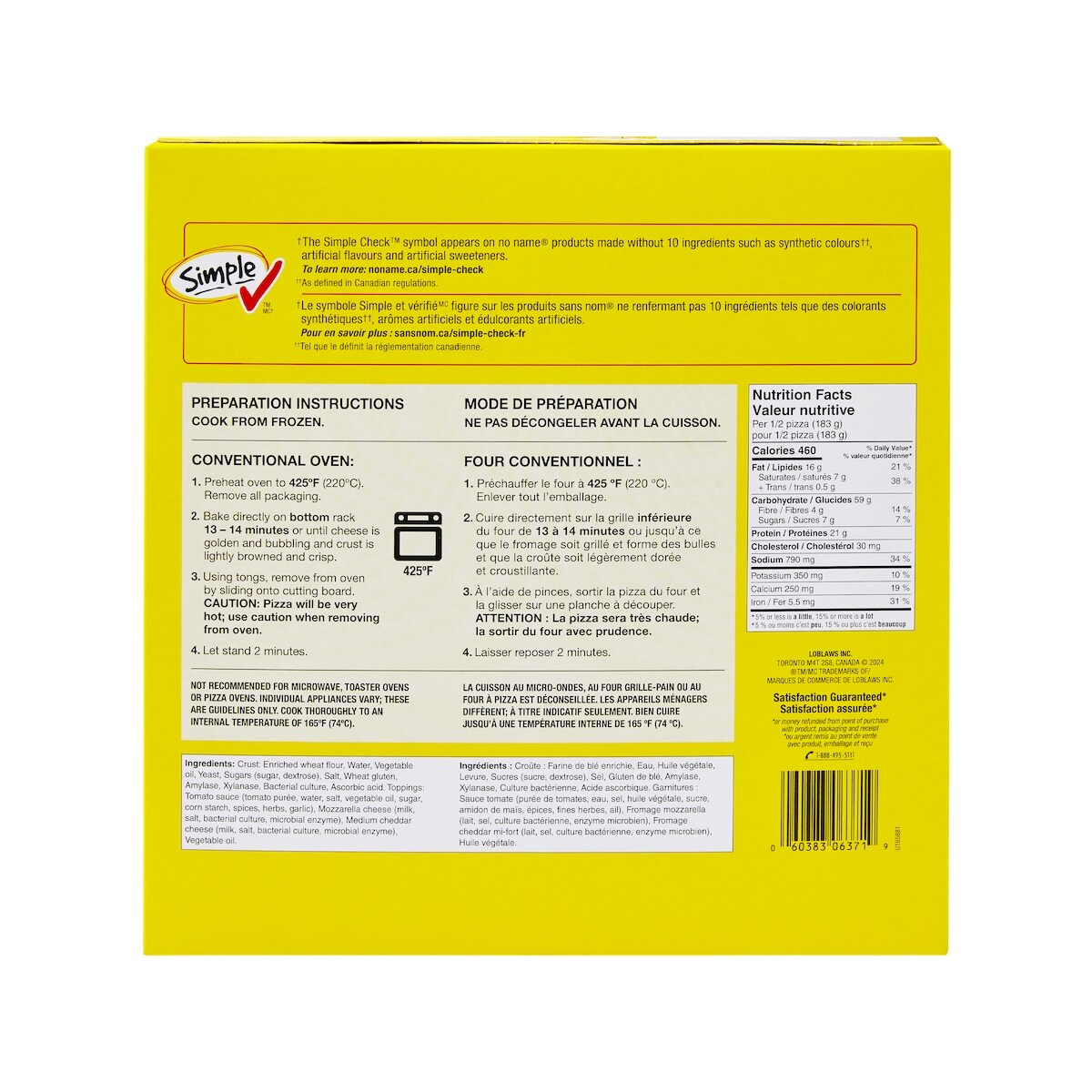 No Name Frozen Thin Crust Cheese Pizza, 369 g