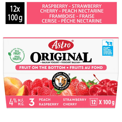 Astro Original Fruit on the Bottom Yogurt, Strawberry/Raspberry/Black Cherry/Nectarine, 12 × 100 g