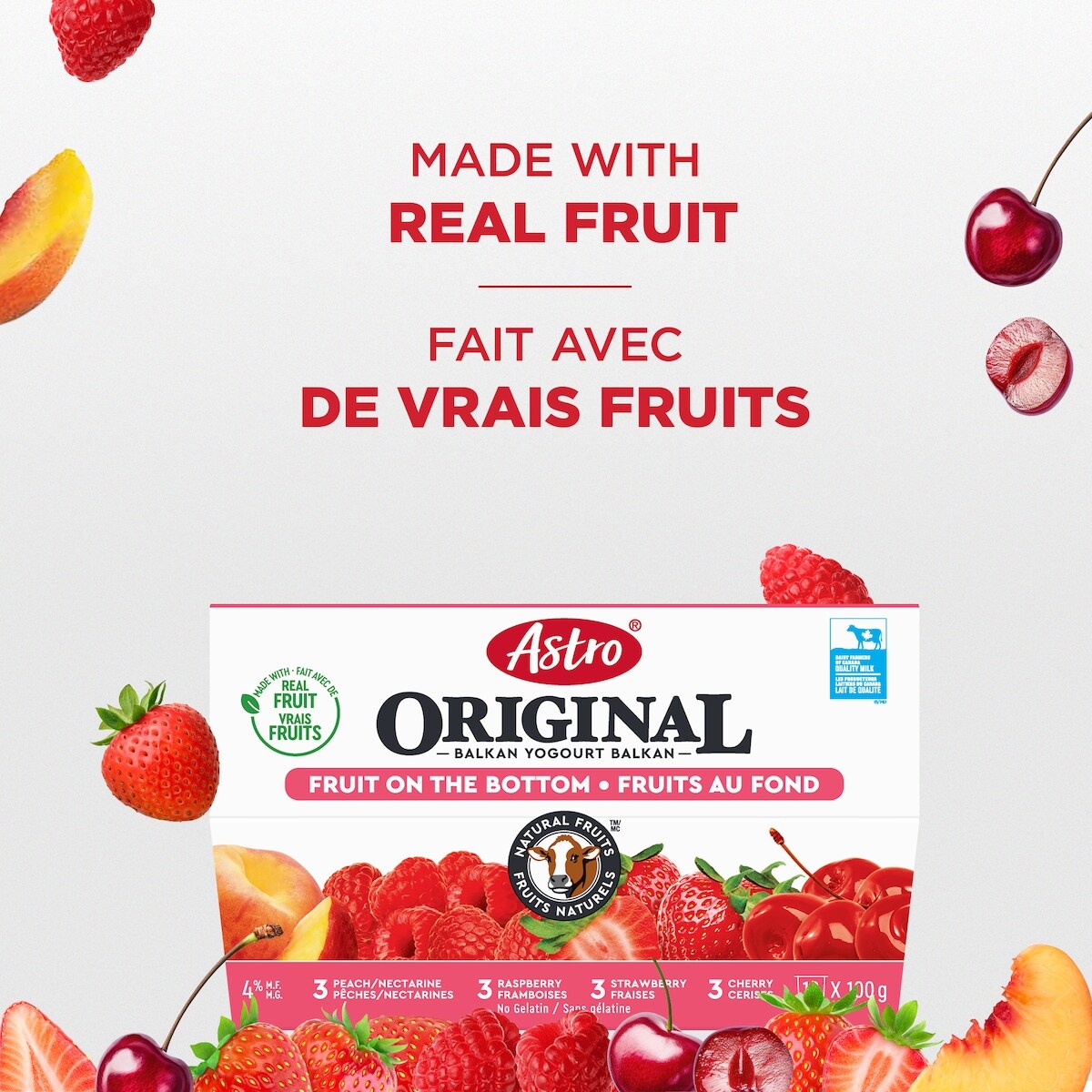 Astro Original Fruit on the Bottom Yogurt, Strawberry/Raspberry/Black Cherry/Nectarine, 12 × 100 g