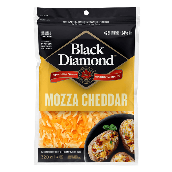 Black Diamond Shredded Cheese, Mozza Cheddar 320g